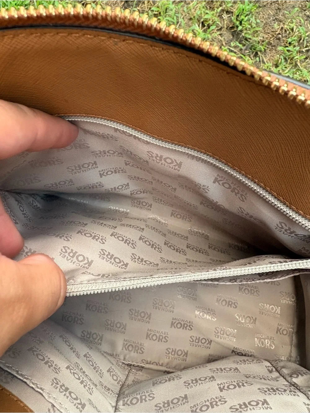 Michael Kors Beige Brown MK Monogram Satchel Top Handle Zip